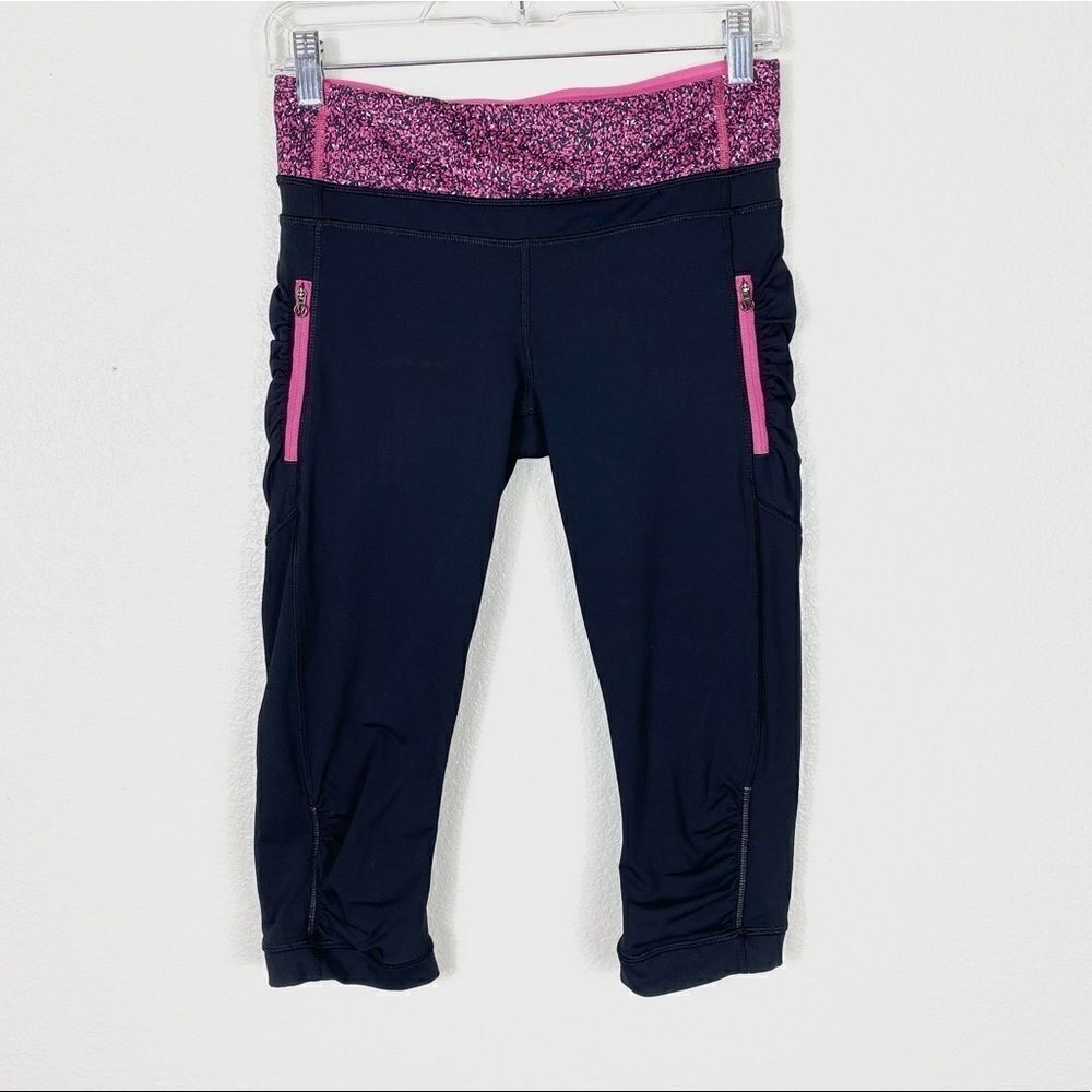 Lululemon Black & Pink Ruched Knee Zipper Pocket Crop Capris